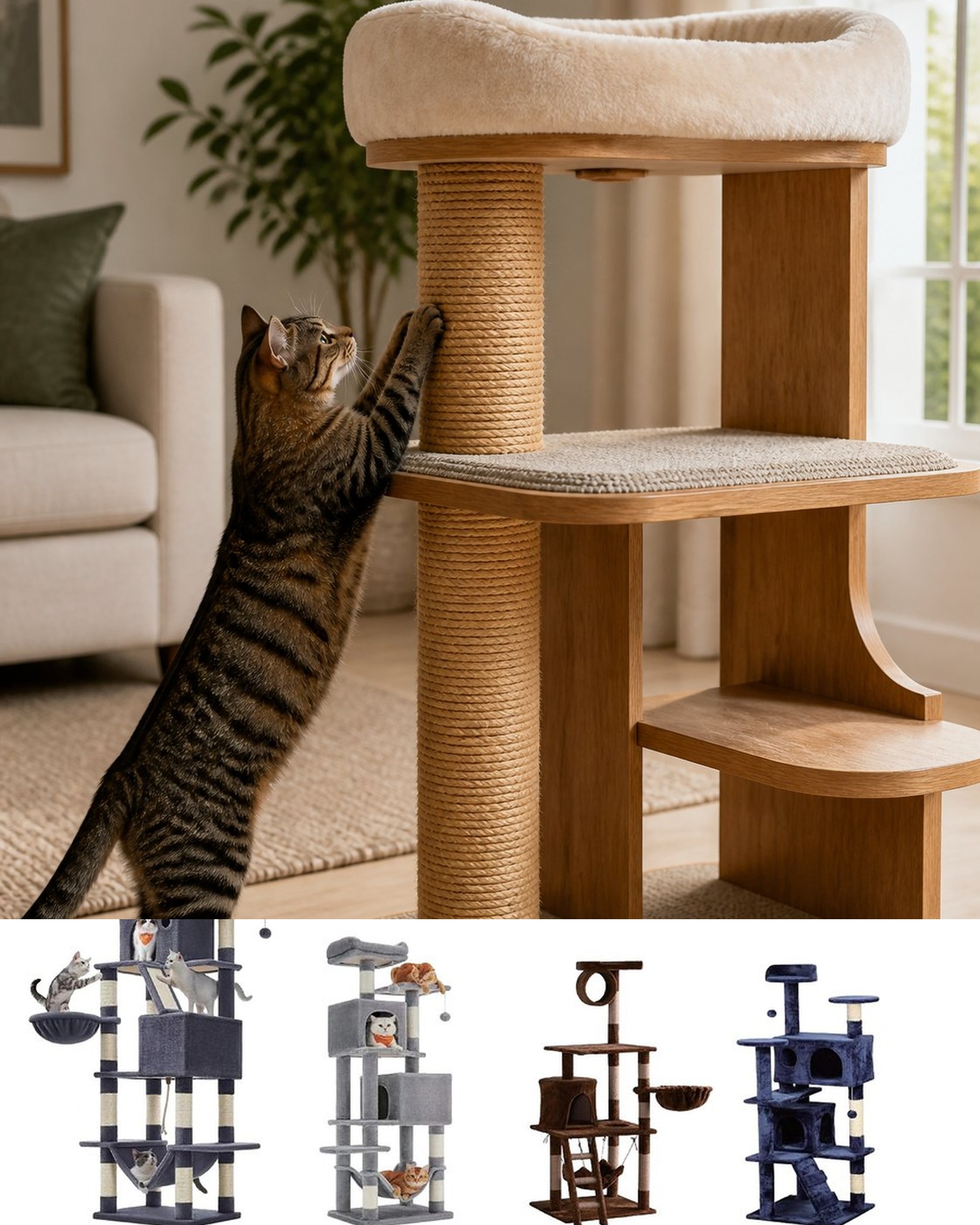 Cat scratching a sisal-wrapped post on a wooden cat tree with low-pile carpet and plush perch