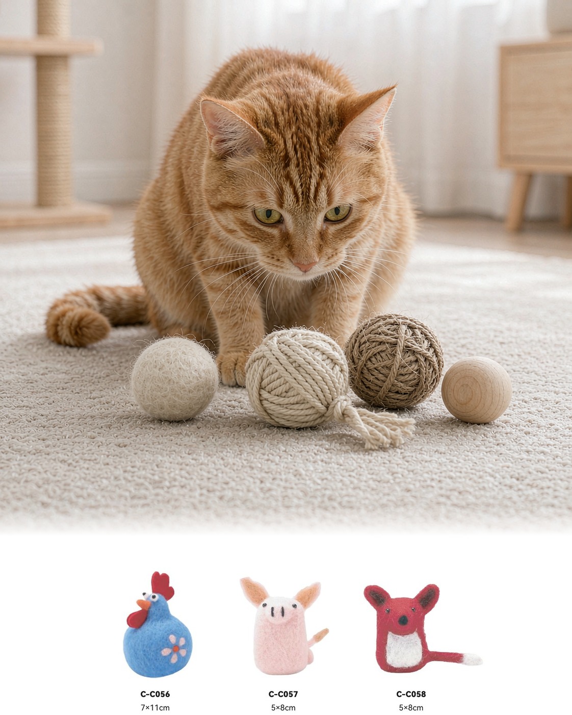 Orange tabby cat sniffing natural wool, rope, sisal and wooden toys, with PawMivo Wool Series felt toys below