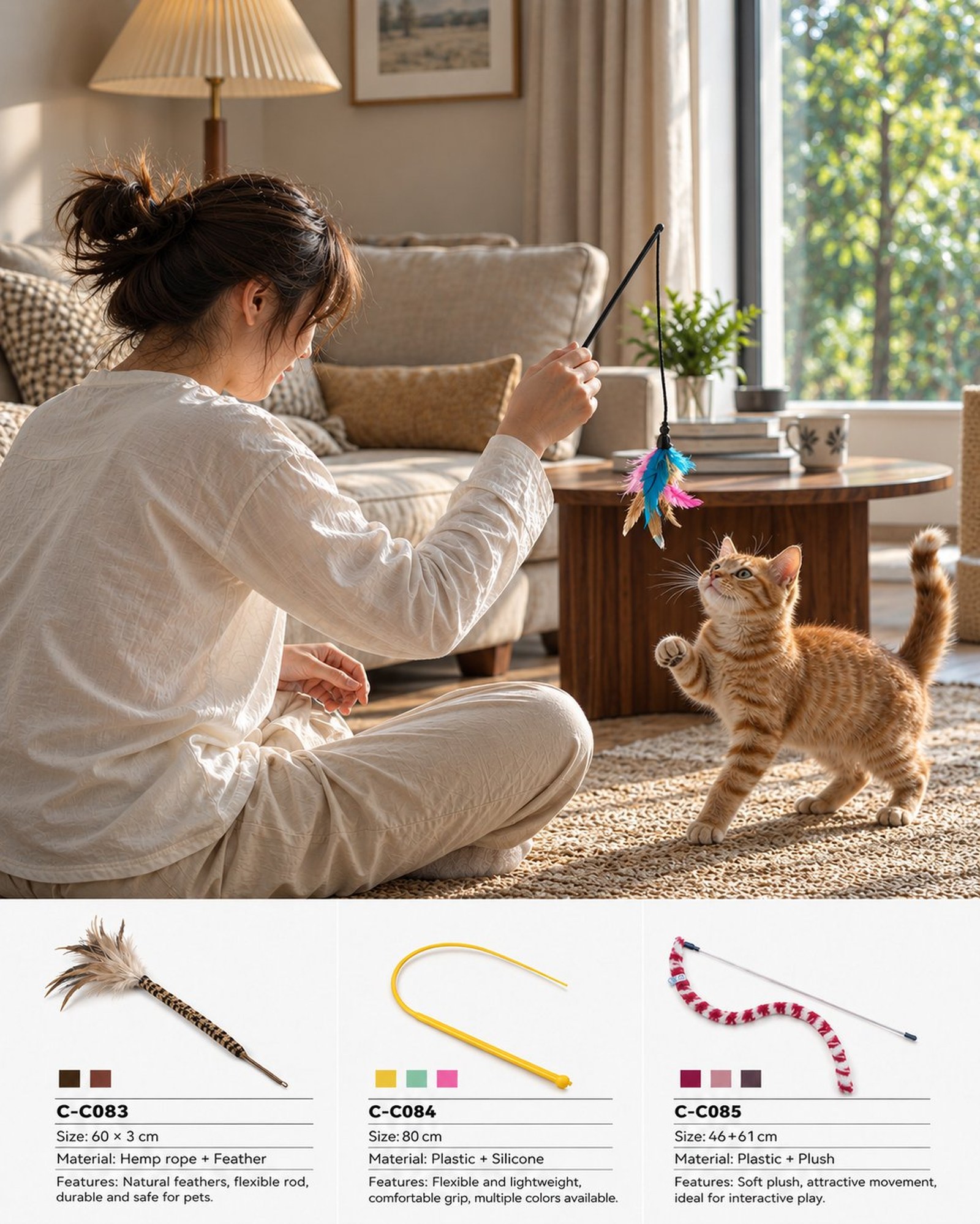 Woman playing with an orange tabby cat using a feather teaser wand, with a row of PawMivo teaser wands below