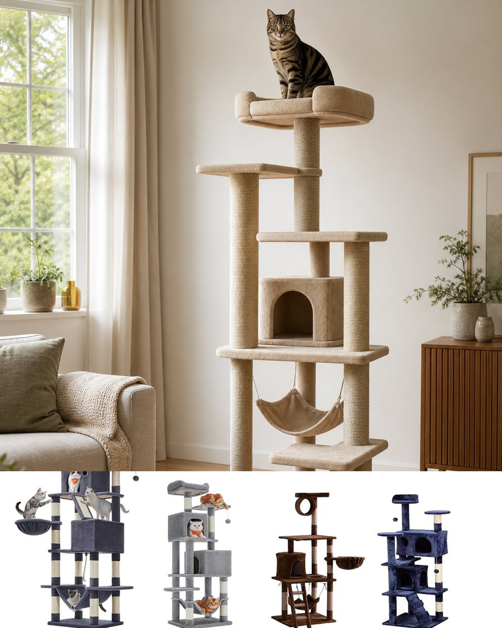 Cat sitting on the top perch of a tall cat tree