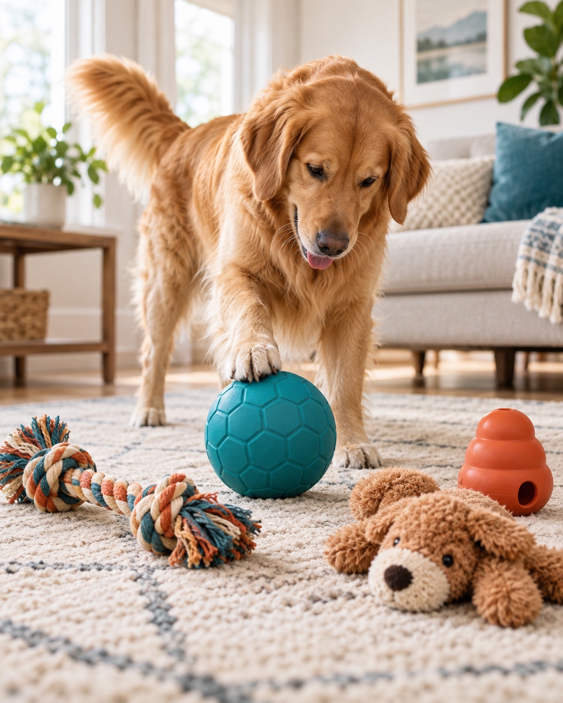 Golden retriever choosing between a rubber ball, rope tug, plush toy and treat-dispensing dog toy