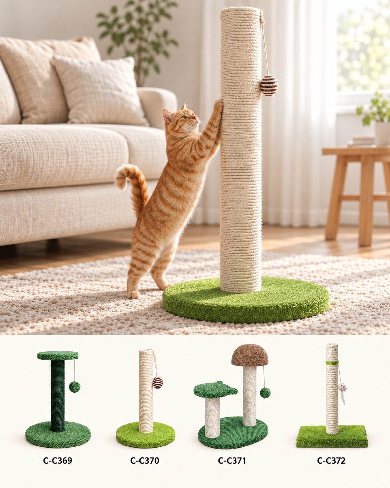 Orange tabby cat scratching a white sisal scratching post with a green base, with a row of PawMivo scratching posts below