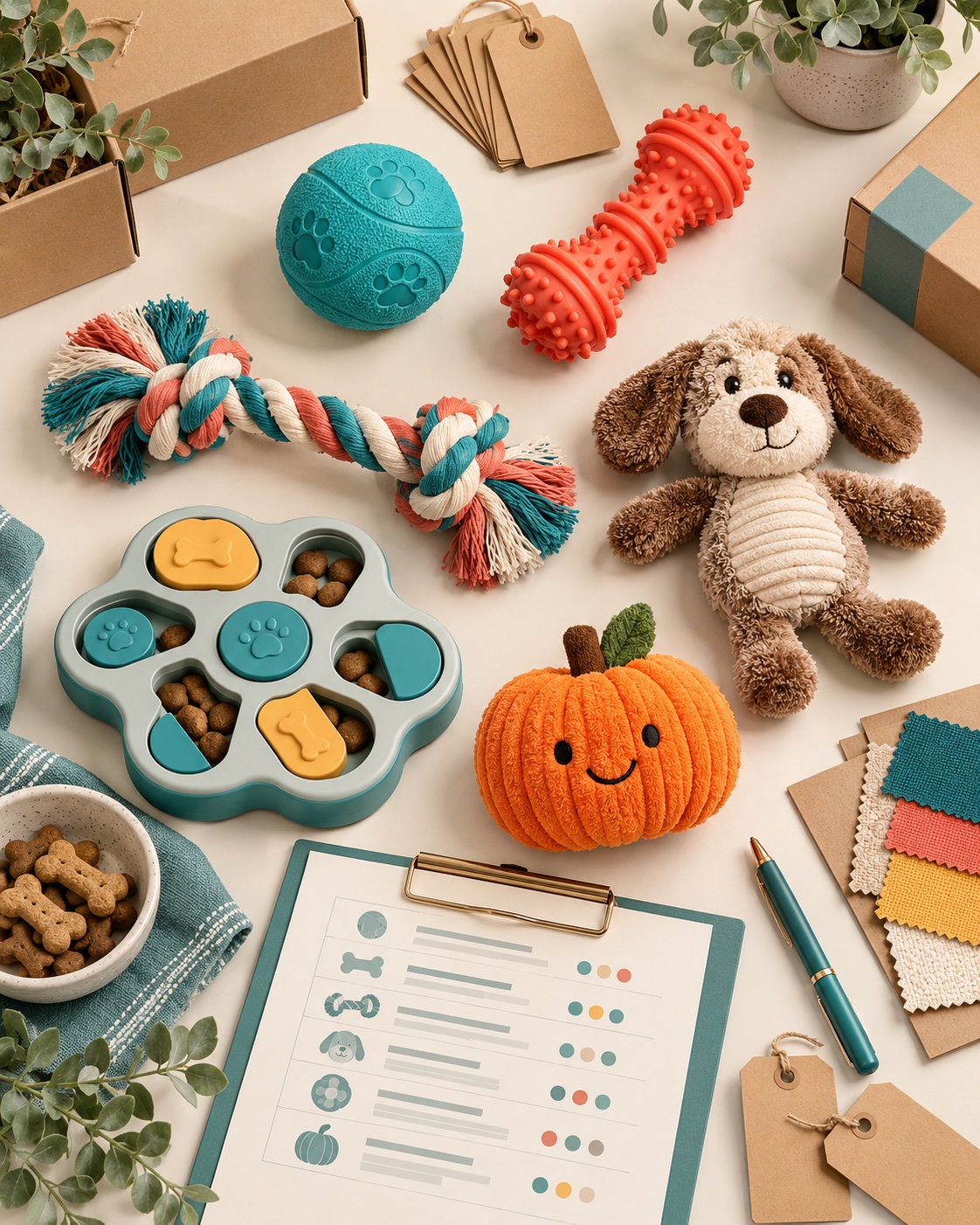 Six wholesale dog toy types with packaging and a retail assortment planning sheet