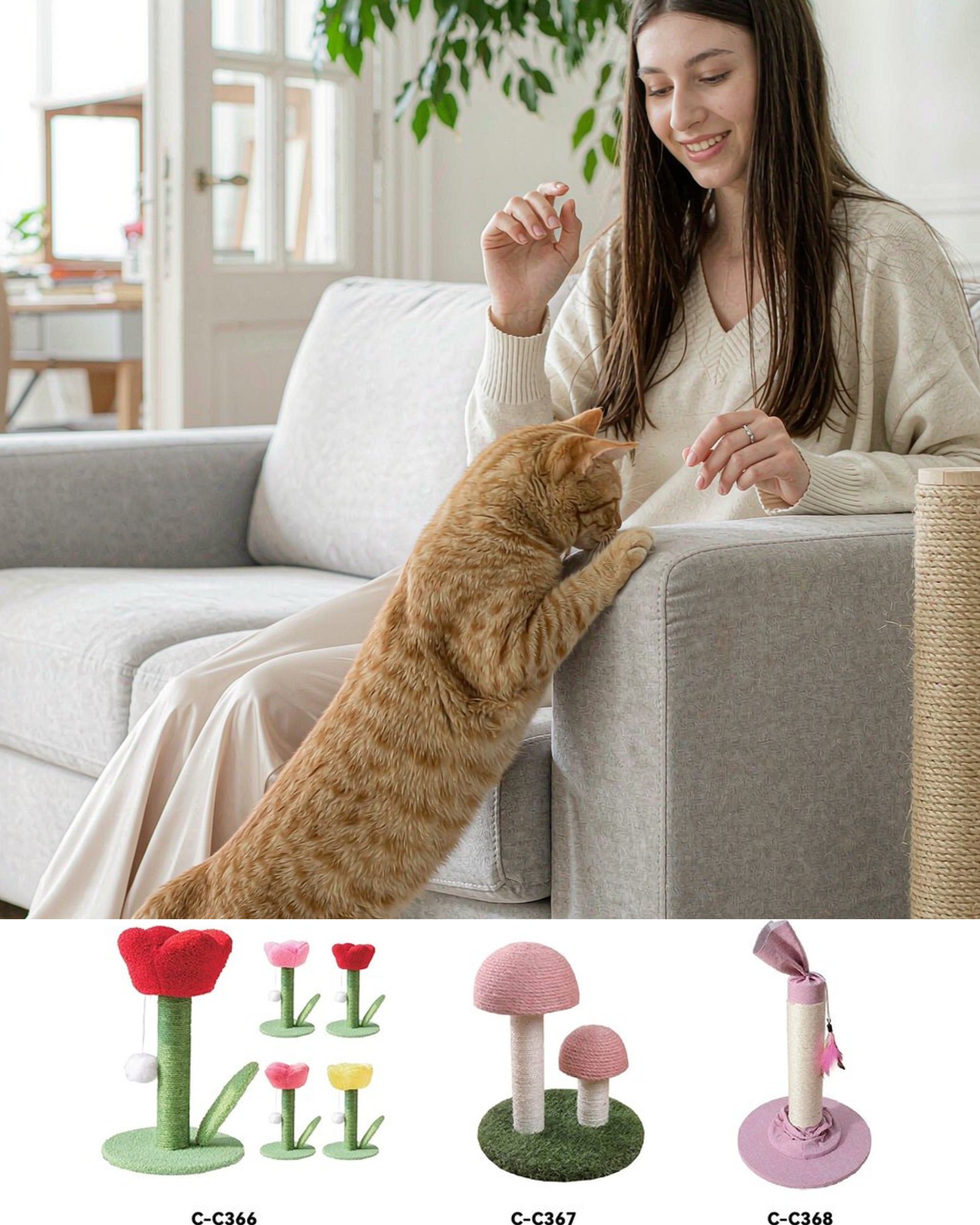 Cat scratching a sofa armrest while its owner redirects it to a sisal scratching post