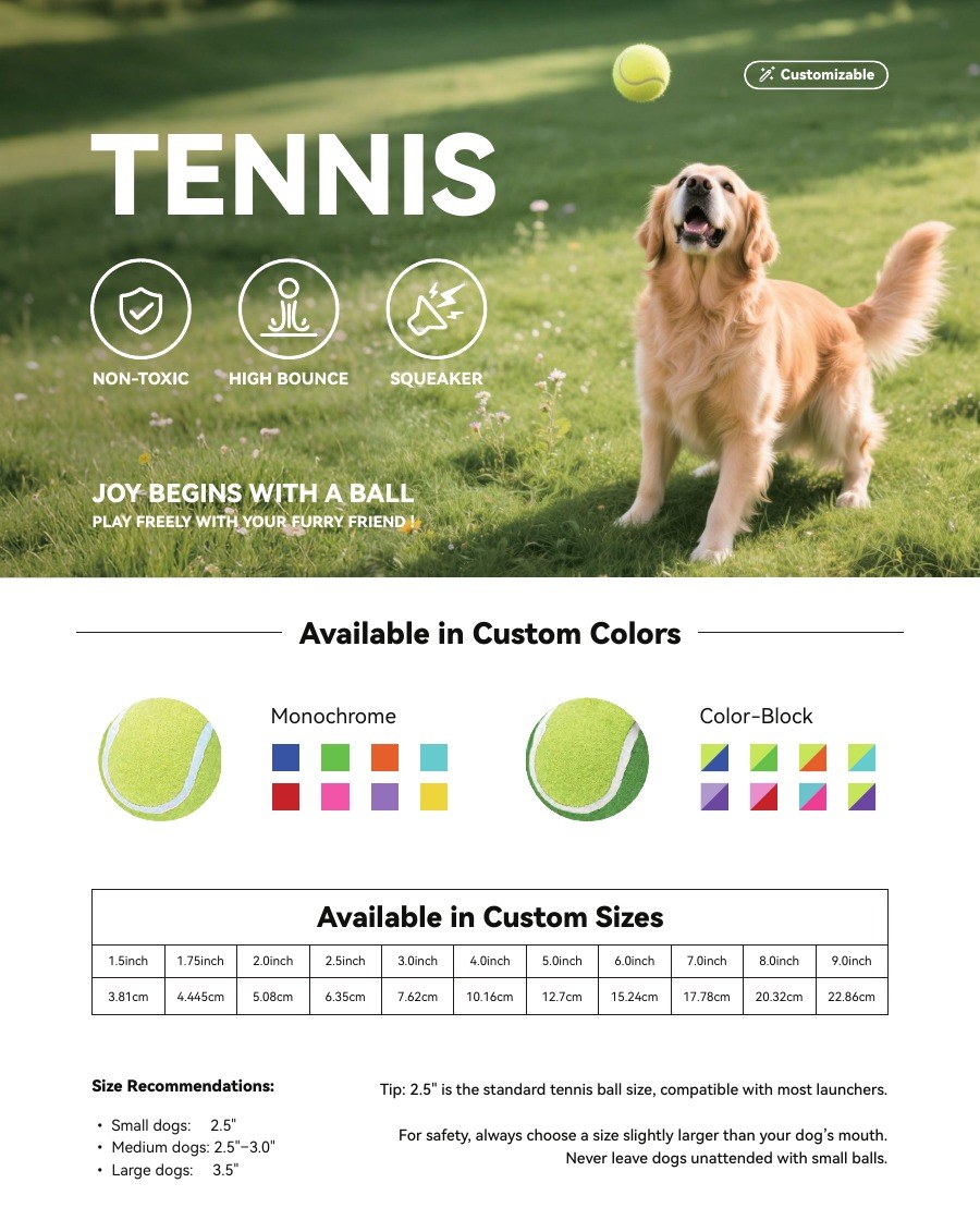 PawMivo dog tennis ball catalog showing size and color options for wholesale buyers