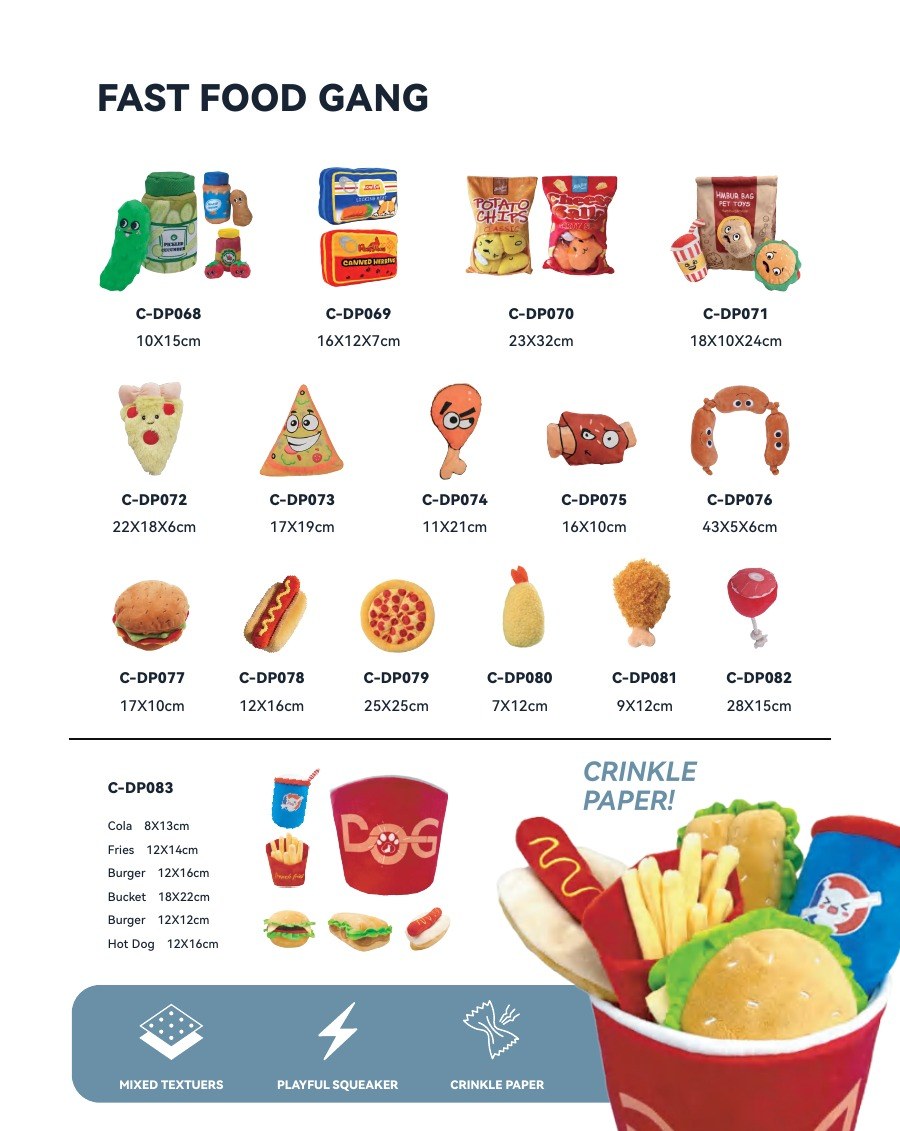 PawMivo Fast Food Gang plush dog toy collection for wholesale and private label